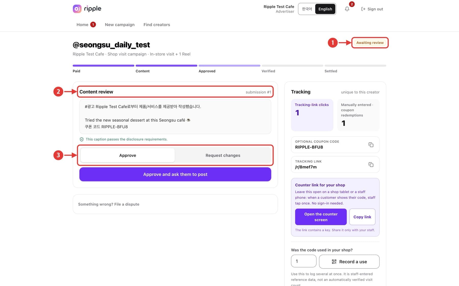 Screen for “Review submitted content”, with red numbered callouts.
