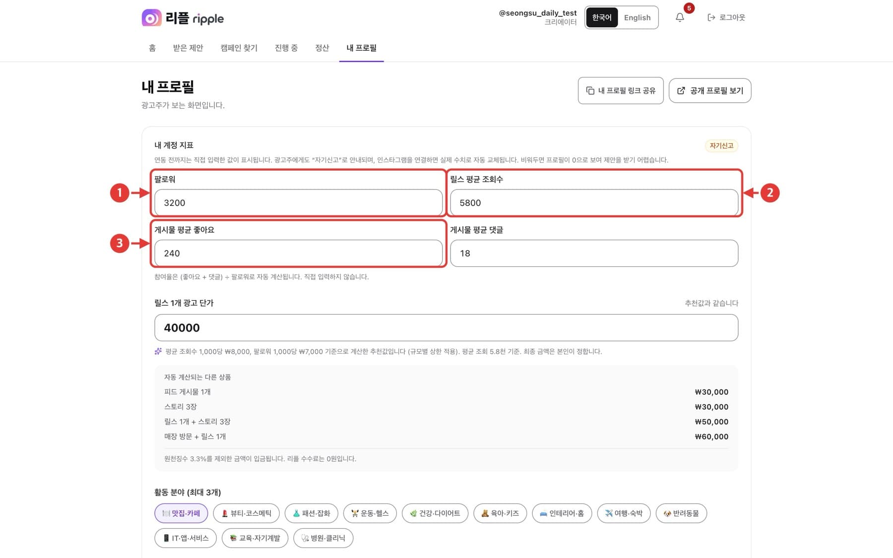 프로필·단가 입력 화면. 빨간 번호로 확인할 위치가 표시되어 있습니다.