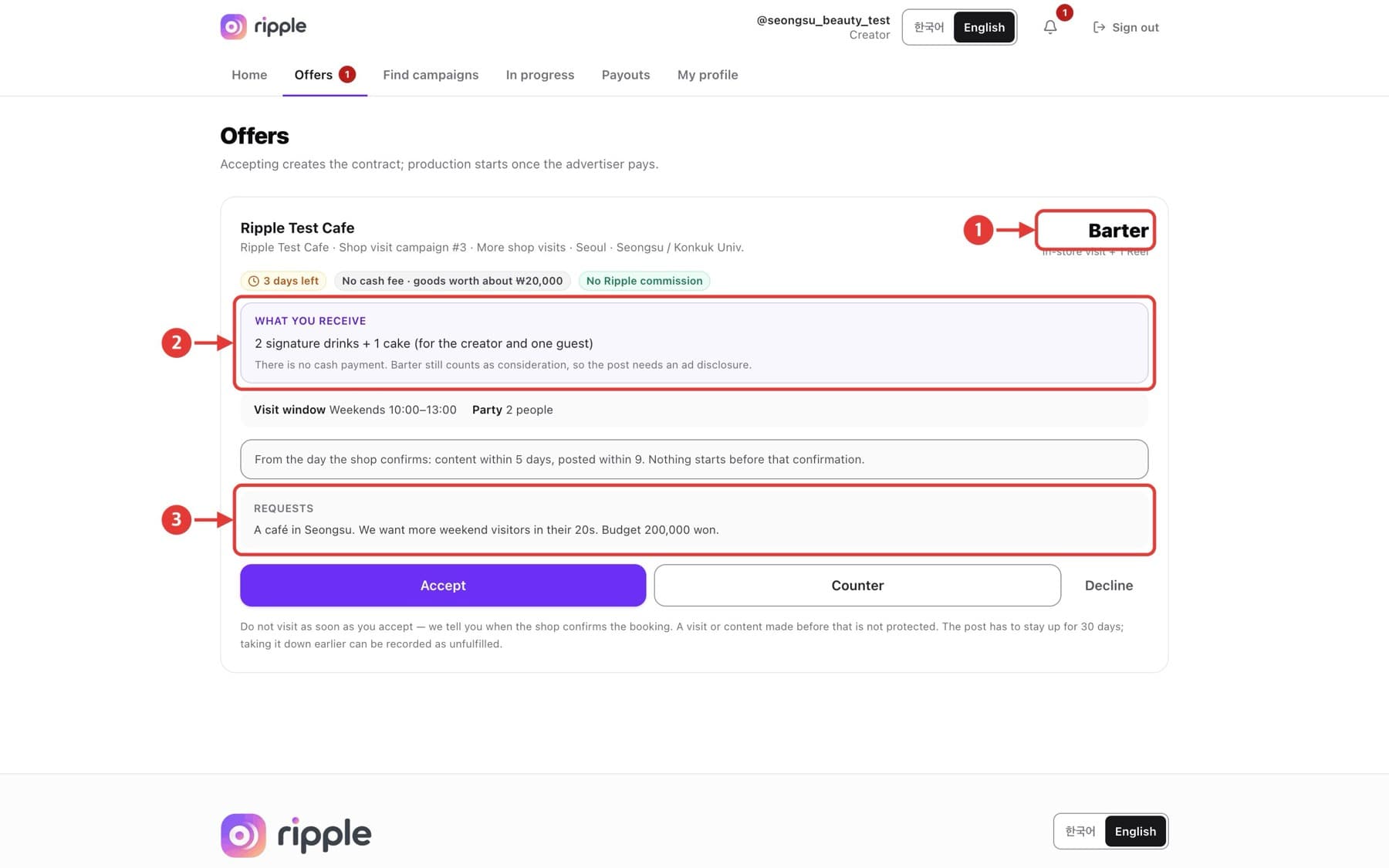 Screen for “Review an offer”, with red numbered callouts.